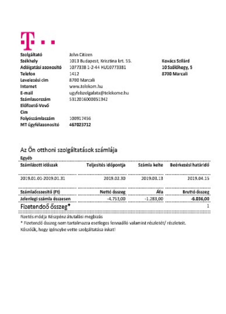 Hungary Magyartel utility bill